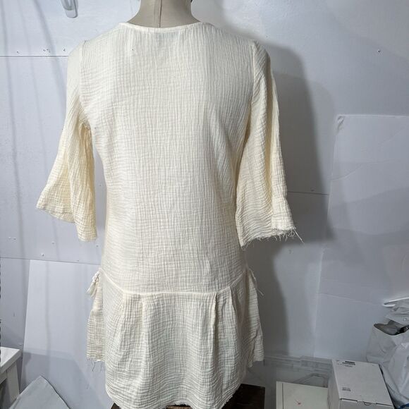 Bird & Knoll Tunic Mini Dress Beige Gauze Crinkle Cotton Lagenlook s/m - Picture 3 of 16